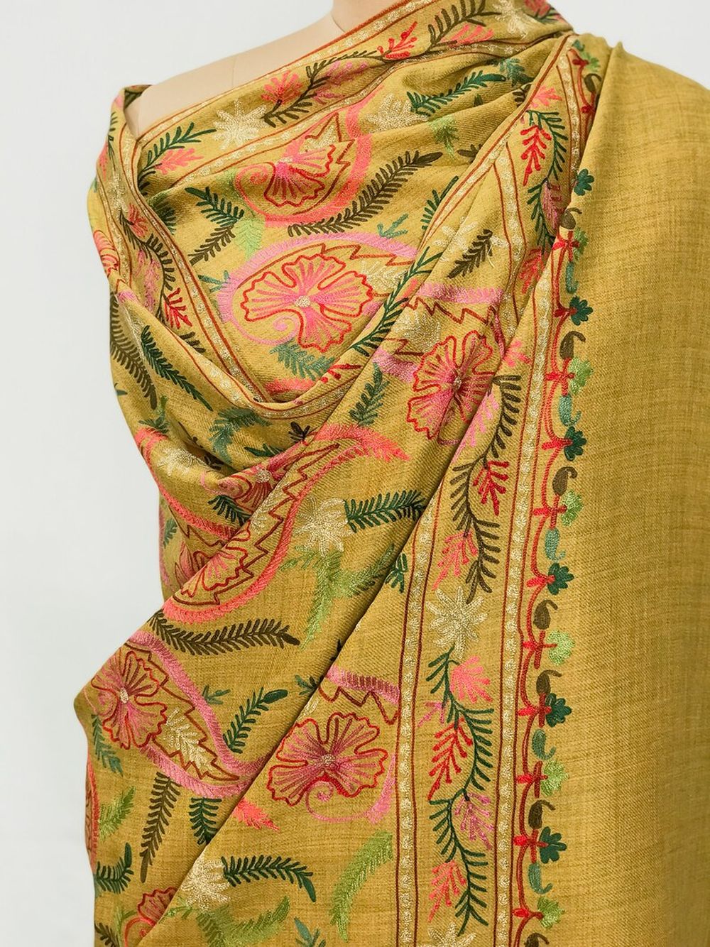 Mustard Pure Wool Shawl with Silk Thread Aari and Zari Jaal Embroidery Mustard Pure Wool Shawl with Silk Thread Aari and Zari Jaal Embroidery