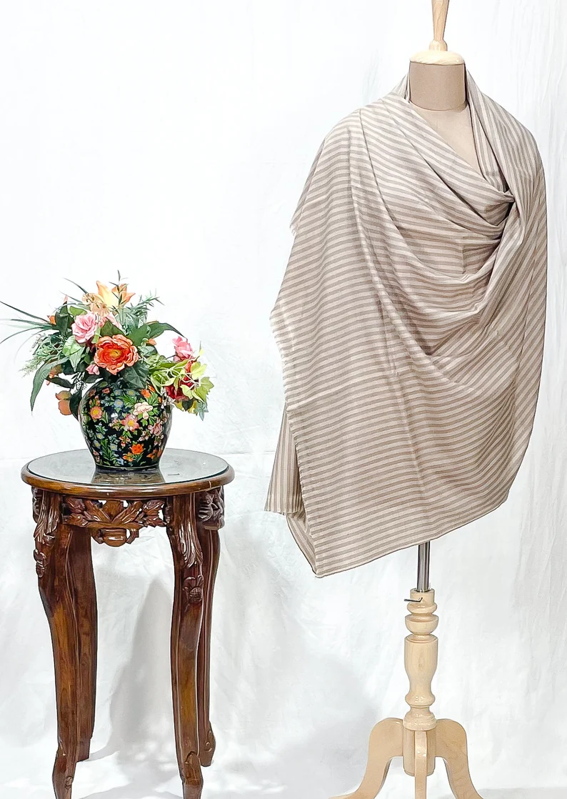 Natural Beige Pure Pashmina Shawl with Stripes