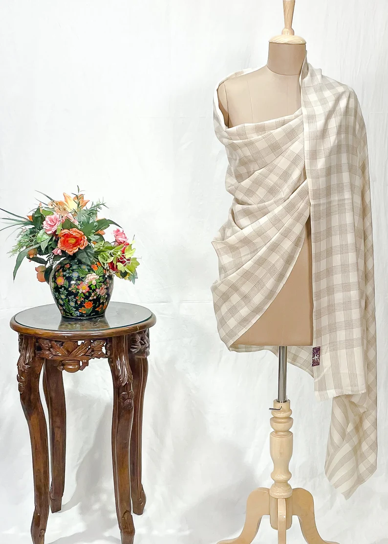 Creamy Beige Checkered Pashmina Shawl