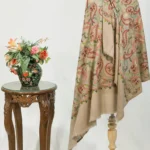 Beige Pure Wool Shawl with Silk Thread Aari and Zari Jaal Embroidery