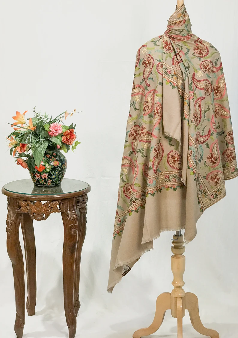 rBeige Pure Wool Shawl with Silk Thread Aari and Zari Jaal Embroidery Beige Pure Wool Shawl with Silk Thread Aari and Zari Jaal Embroidery
