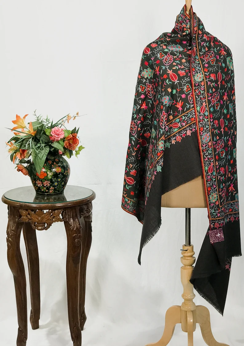 Black Pure Wool Shawl with Silk Thread Aari Jaal Embroidery