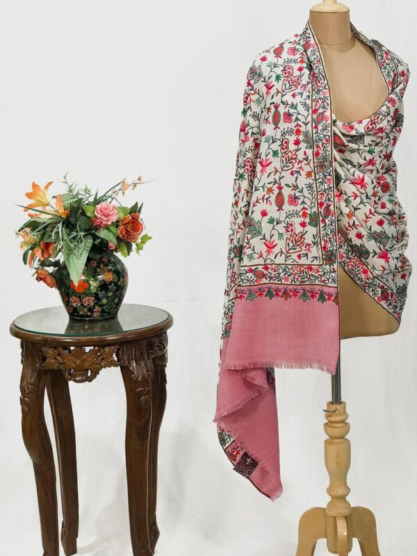 Off-White Pure Wool Shawl with Pink Palla Silk Thread Aari Jaal Embroidery