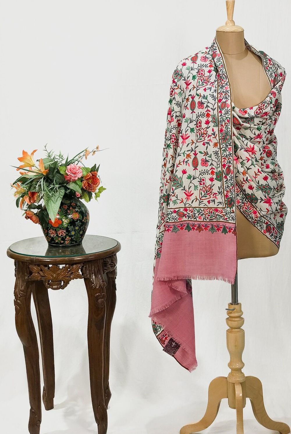 Off-White Pure Wool Shawl with Pink Palla Silk Thread Aari Jaal Embroidery