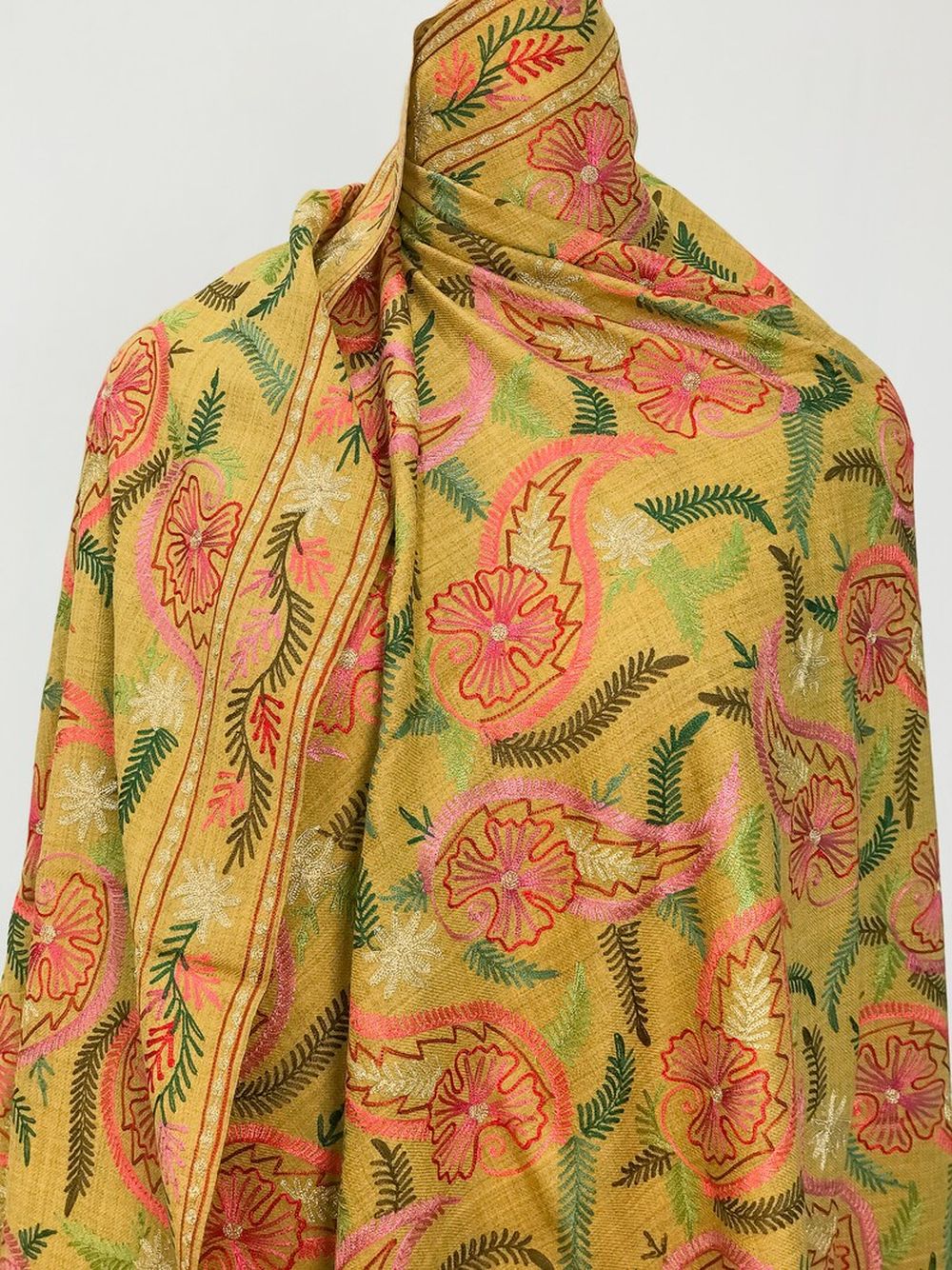 Mustard Pure Wool Shawl with Silk Thread Aari and Zari Jaal Embroidery Mustard Pure Wool Shawl with Silk Thread Aari and Zari Jaal Embroidery