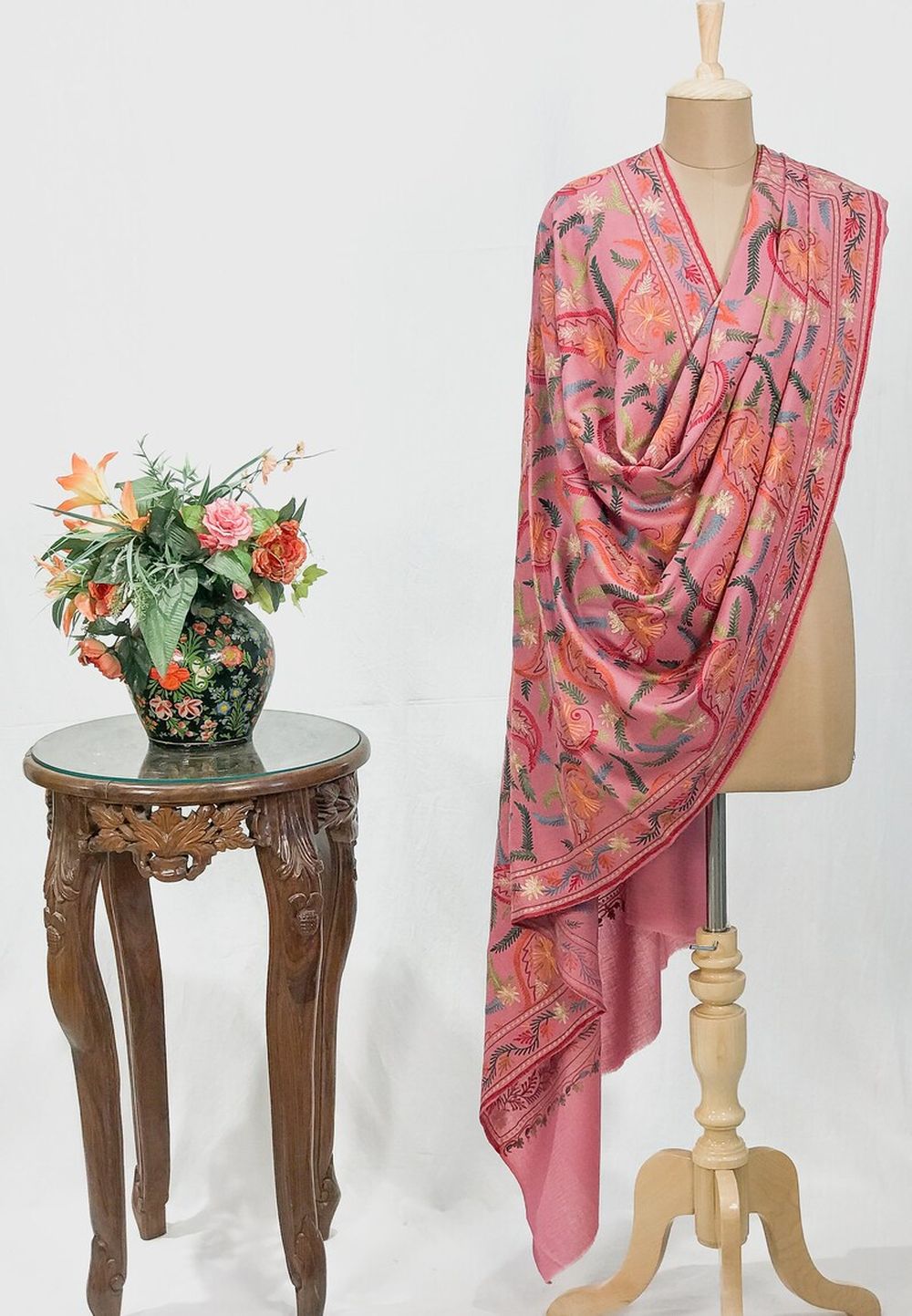 Pink Pure Wool Shawl with Silk Thread Aari and Zari Jaal Embroidery Pink Pure Wool Shawl with Silk Thread Aari and Zari Jaal Embroidery