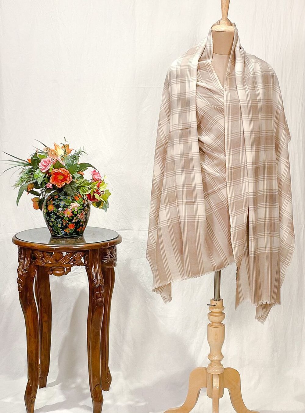 Checkered Pashmina Shawl Cream and Beige