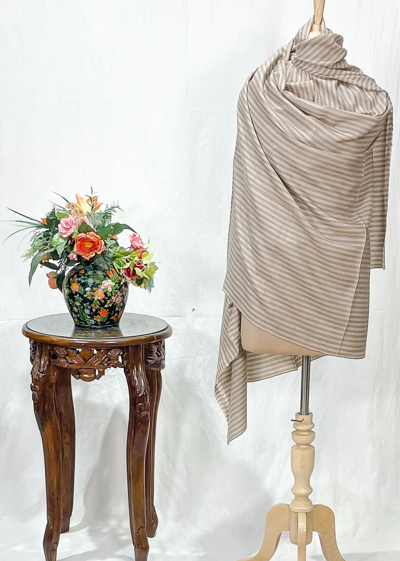 Natural Beige Pure Pashmina Shawl with Stripes