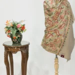 Beige Pure Wool Shawl with Silk Thread Aari and Zari Jaal Embroidery