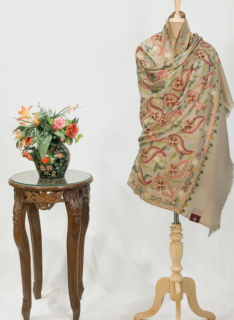 Beige Pure Wool Shawl with Silk Thread Aari and Zari Jaal Embroideryt Beige Pure Wool Shawl with Silk Thread Aari and Zari Jaal Embroidery