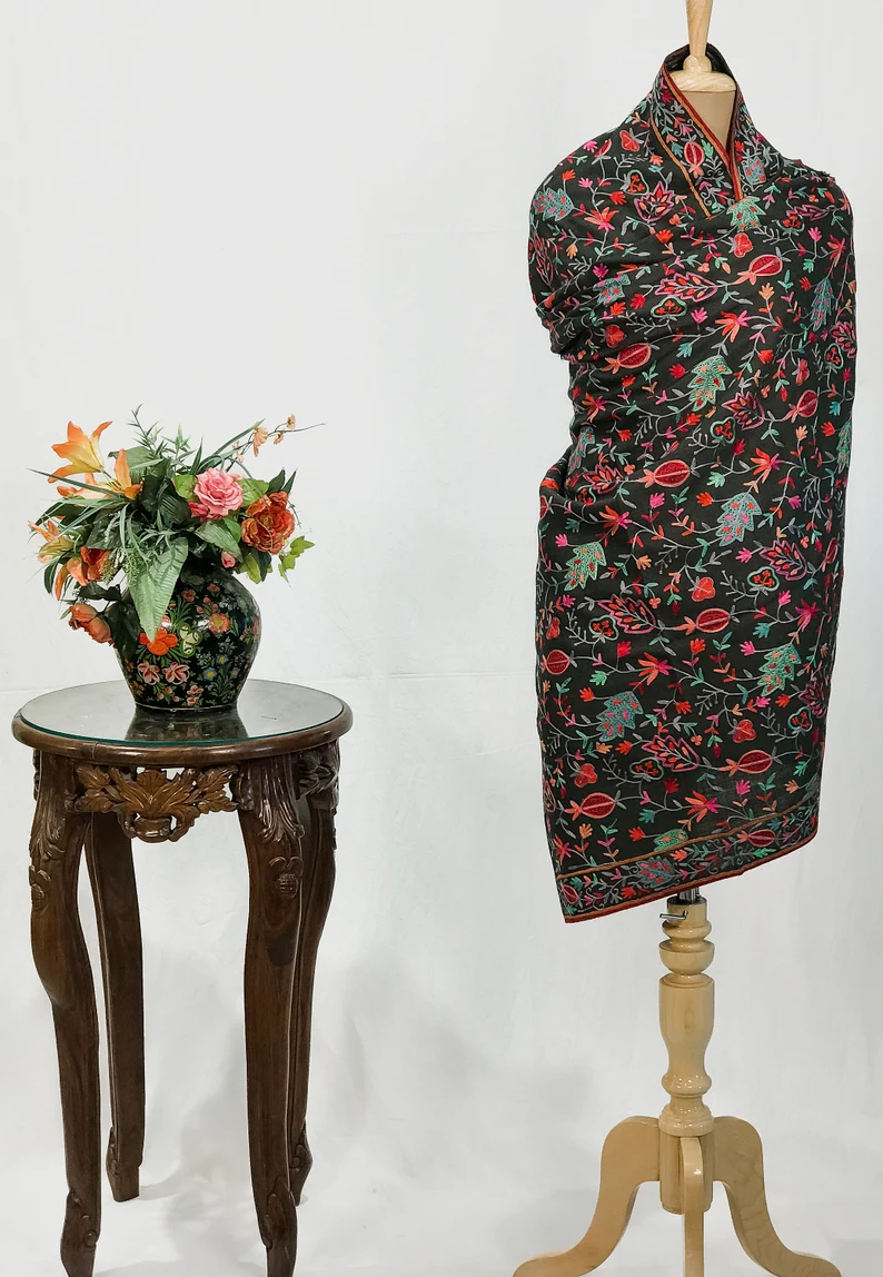 Black Pure Wool Shawl with Silk Thread Aari Jaal Embroidery
