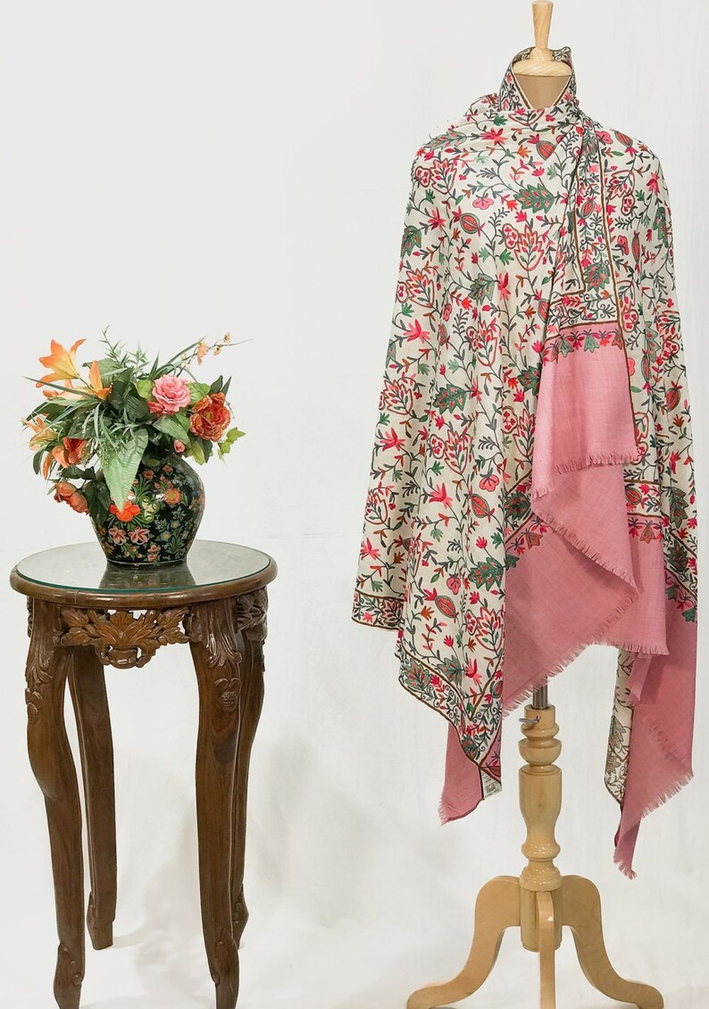 Off-White Pure Wool Shawl with Pink Palla Silk Thread Aari Jaal Embroidery