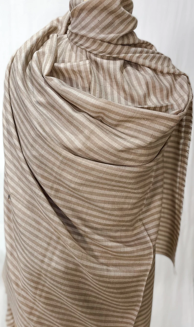 Natural Beige Pure Pashmina Shawl with Stripes