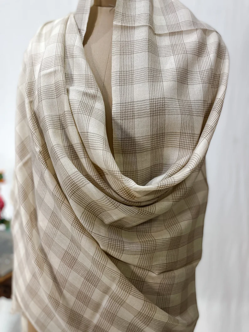 Creamy Beige Checkered Pashmina Shawl