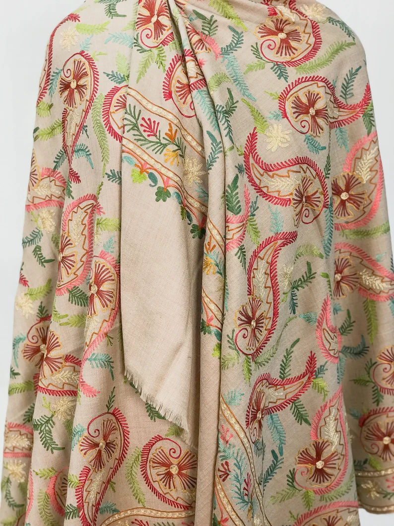 Beige Pure Wool Shawl with Silk Thread Aari and Zari Jaal Embroideryw Beige Pure Wool Shawl with Silk Thread Aari and Zari Jaal Embroidery