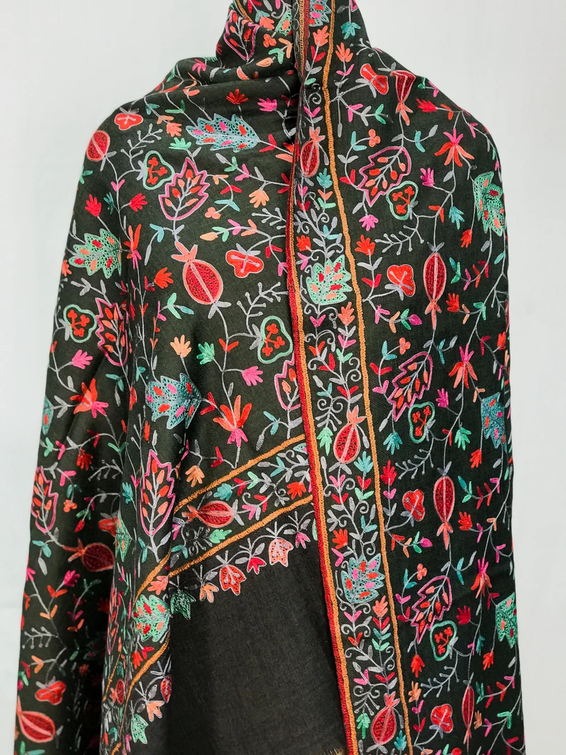 Black Pure Wool Shawl with Silk Thread Aari Jaal Embroidery