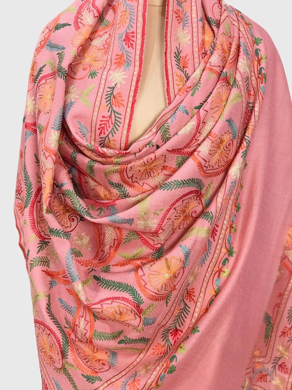 Pink Pure Wool Shawl with Silk Thread Aari and Zari Jaal Embroidery Pink Pure Wool Shawl with Silk Thread Aari and Zari Jaal Embroidery