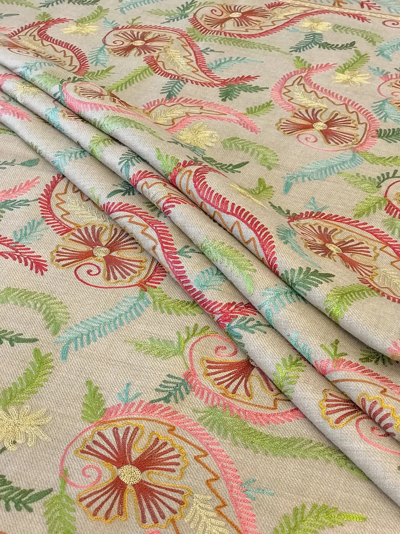 Beige Pure Wool Shawl with Silk Thread Aari and Zari Jaal Embroideryy Beige Pure Wool Shawl with Silk Thread Aari and Zari Jaal Embroidery
