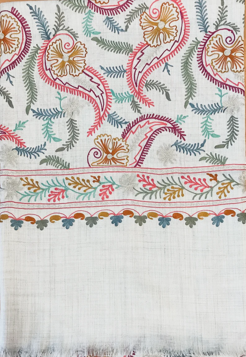 yOff-White Pure Wool Shawl with Silk Thread Aari and Zari Jaal Embroidery Off-White Pure Wool Shawl with Silk Thread Aari and Zari Jaal Embroidery