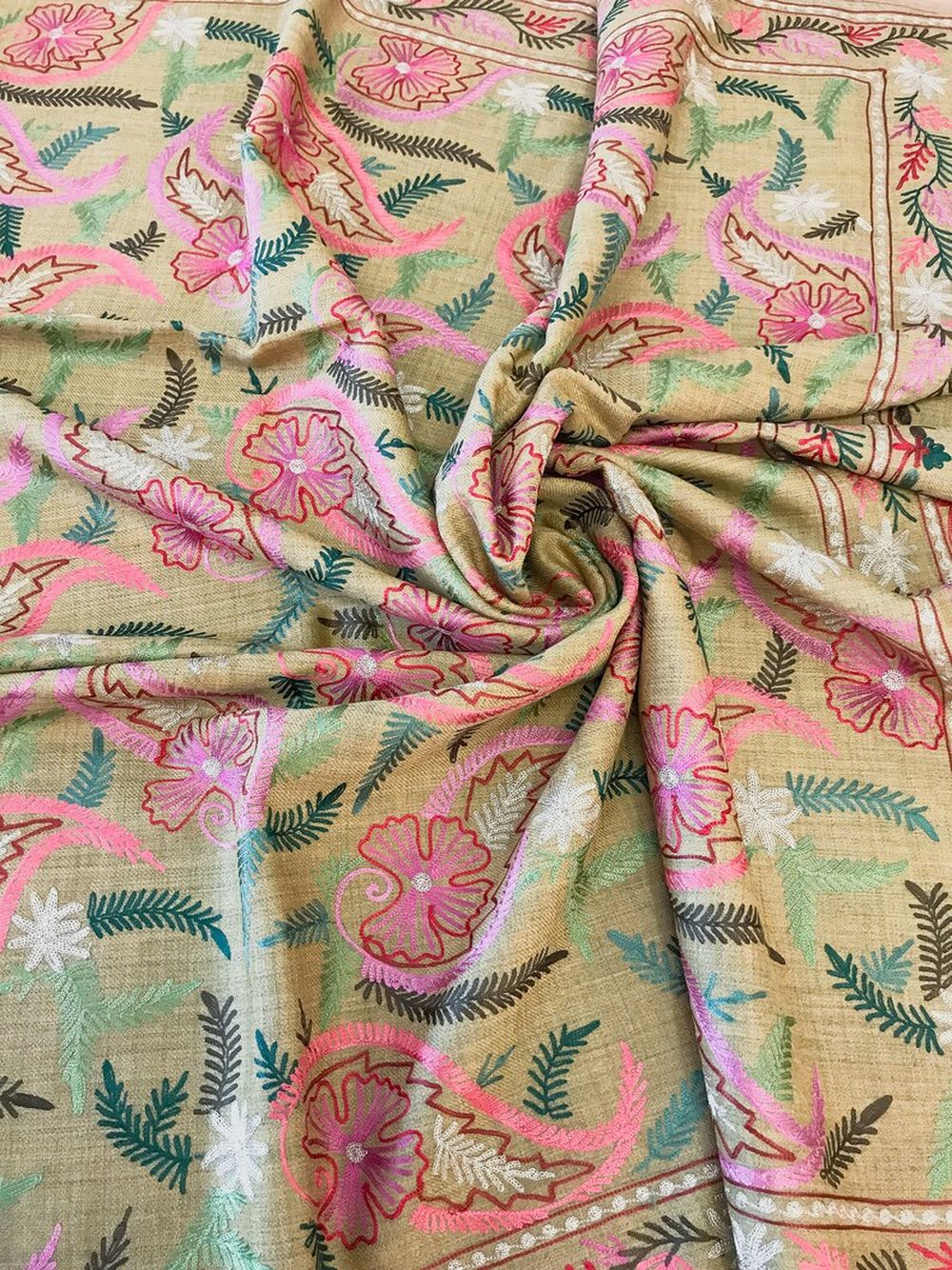 Mustard Pure Wool Shawl with Silk Thread Aari and Zari Jaal Embroidery Mustard Pure Wool Shawl with Silk Thread Aari and Zari Jaal Embroidery