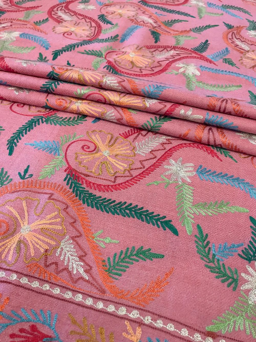 Pink Pure Wool Shawl with Silk Thread Aari and Zari Jaal Embroidery Pink Pure Wool Shawl with Silk Thread Aari and Zari Jaal Embroidery