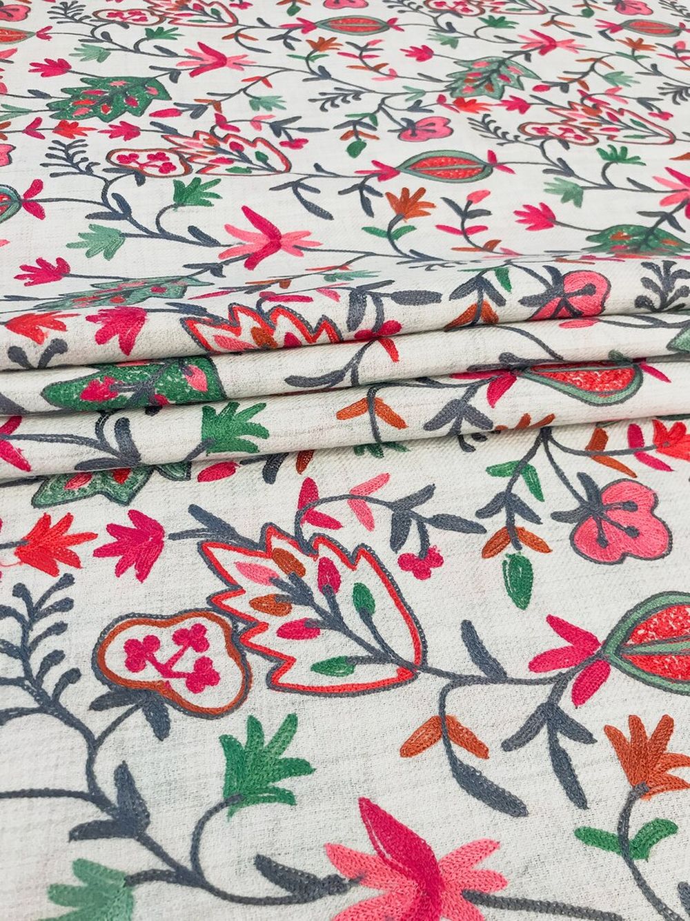 Off-White Pure Wool Shawl with Pink Palla Silk Thread Aari Jaal Embroidery