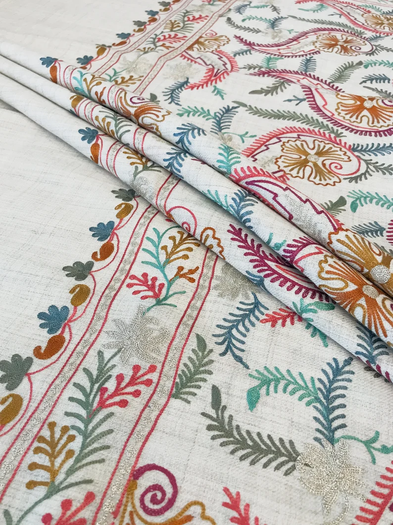 Off-White Pure Wool Shawl with Silk Thread Aari and Zari Jaal Embroideryz Off-White Pure Wool Shawl with Silk Thread Aari and Zari Jaal Embroidery