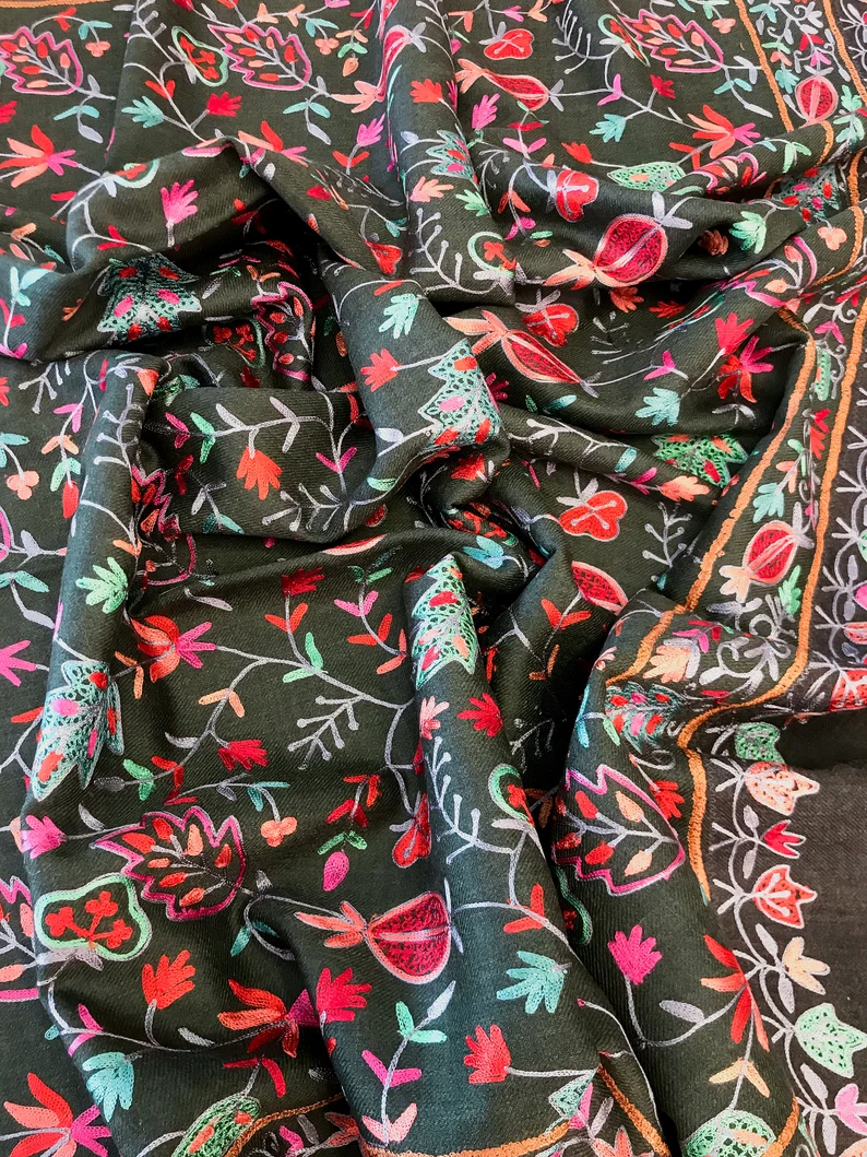 Black Pure Wool Shawl with Silk Thread Aari Jaal Embroidery