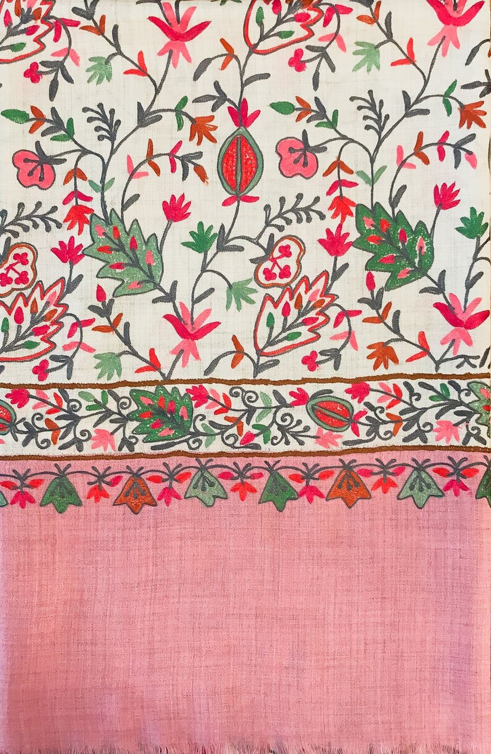 Off-White Pure Wool Shawl with Pink Palla Silk Thread Aari Jaal Embroidery