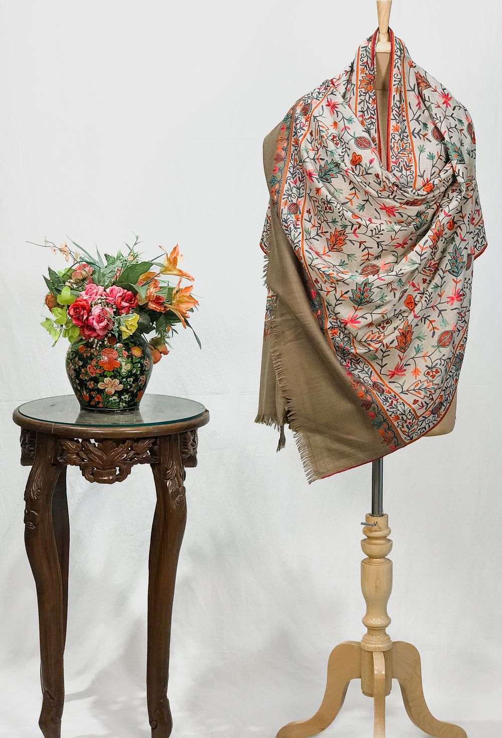 Off-White Pure Wool Shawl with Beige Palla Silk Thread Aari Jaal Embroidery