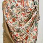 Off-White Pure Wool Shawl with Beige Palla Silk Thread Aari Jaal Embroidery