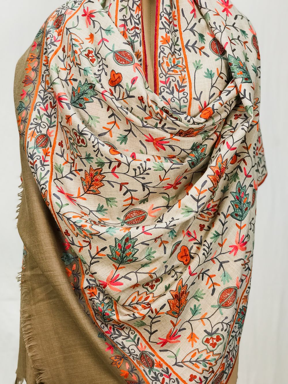 Off-White Pure Wool Shawl with Beige Palla Silk Thread Aari Jaal Embroidery
