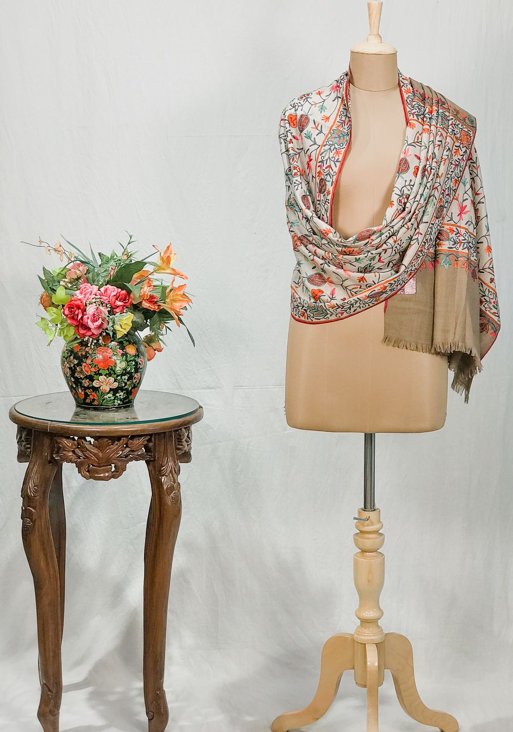 Off-White Pure Wool Shawl with Beige Palla Silk Thread Aari Jaal Embroidery