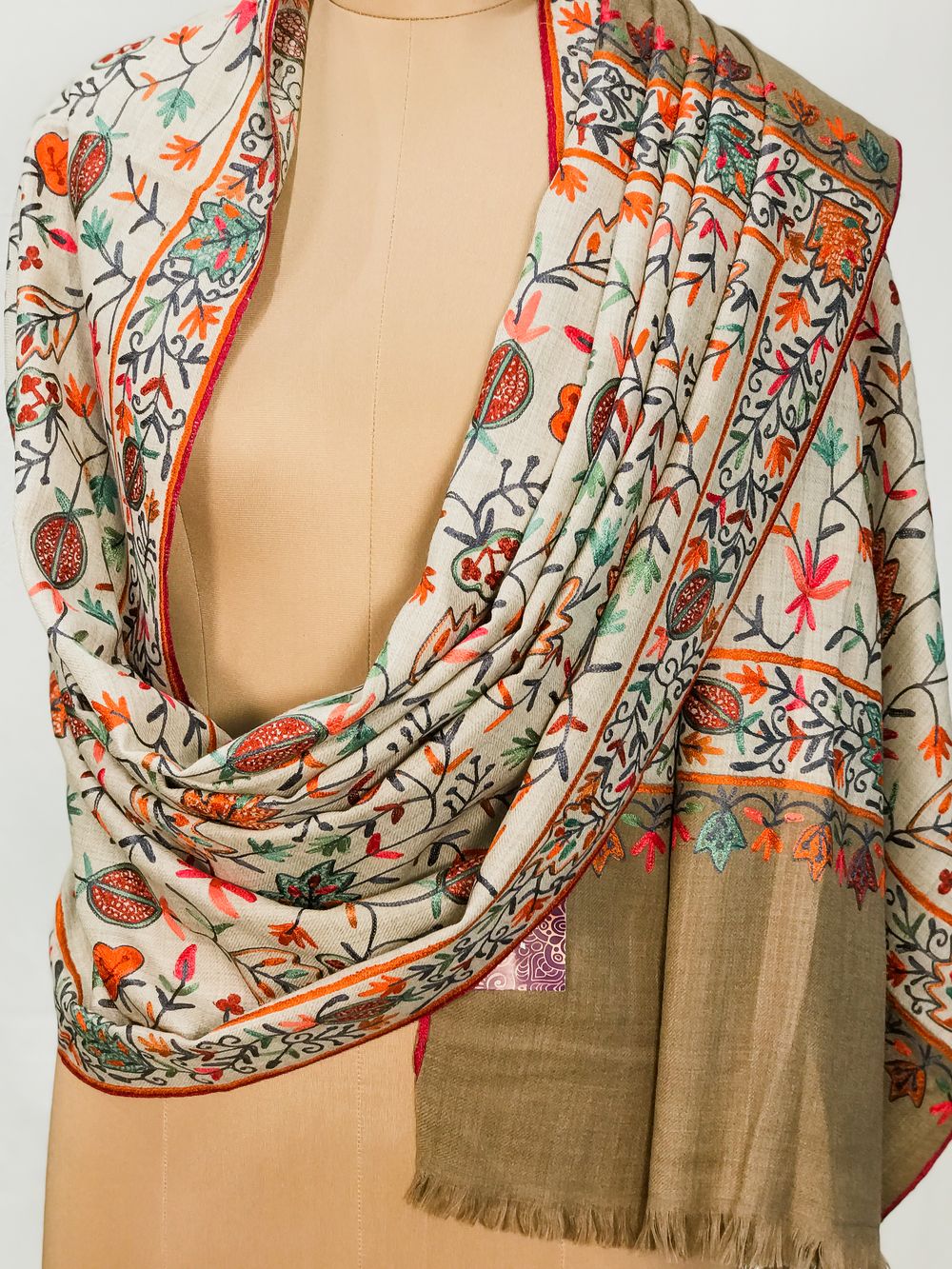 Off-White Pure Wool Shawl with Beige Palla Silk Thread Aari Jaal Embroidery