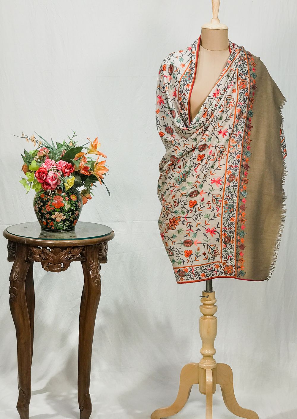 Off-White Pure Wool Shawl with Beige Palla Silk Thread Aari Jaal Embroidery