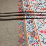 Off-White Pure Wool Shawl with Beige Palla Silk Thread Aari Jaal Embroidery