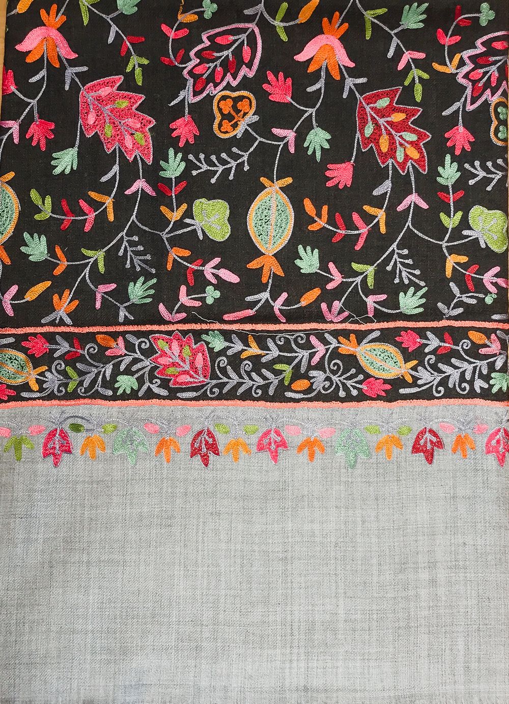 Black Pure Wool Shawl with Grey Palla Silk Thread Aari Jaal Embroidery