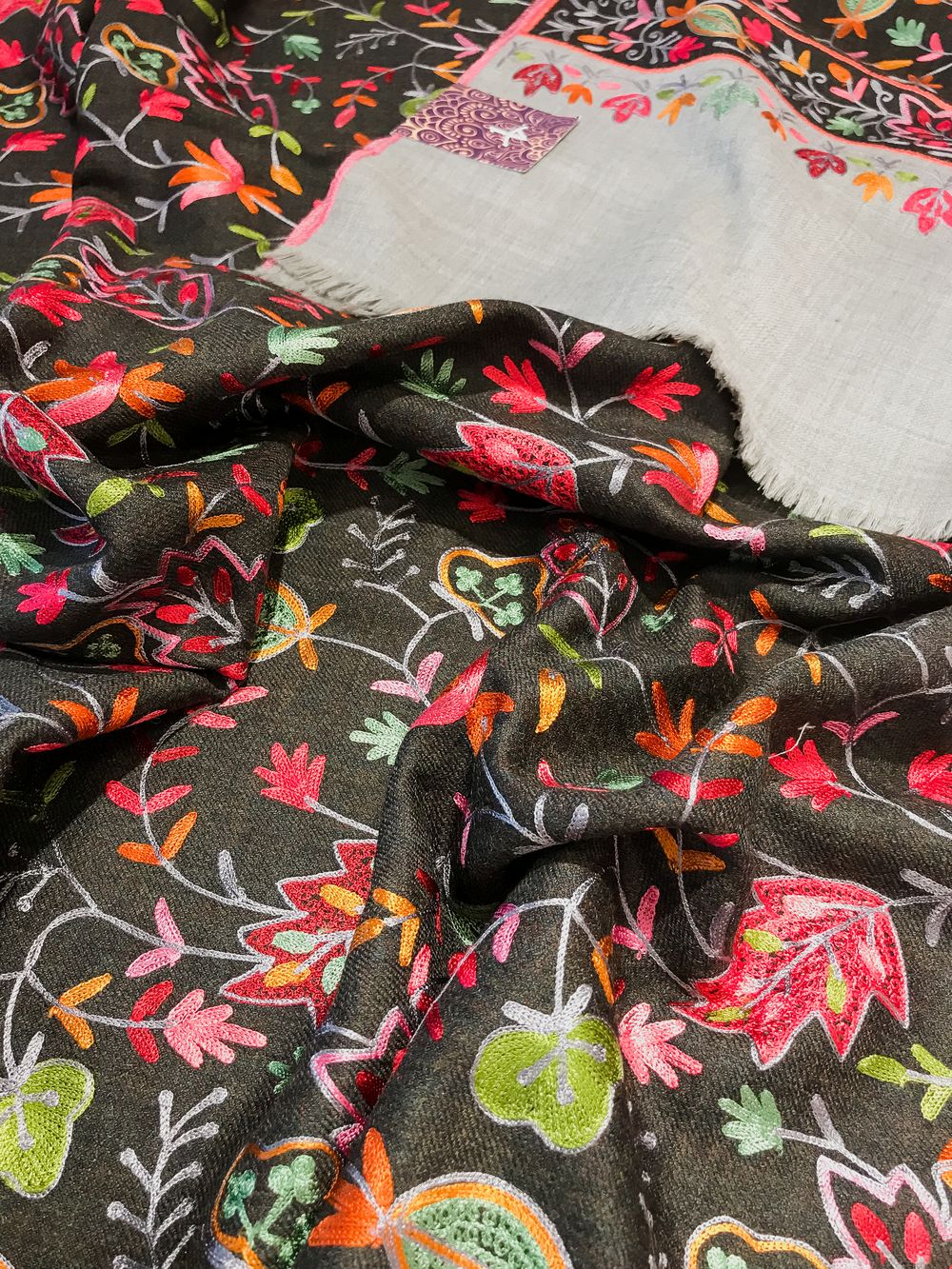 Black Pure Wool Shawl with Grey Palla Silk Thread Aari Jaal Embroidery