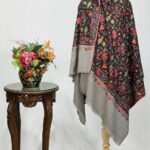 Black Pure Wool Shawl with Grey Palla Silk Thread Aari Jaal Embroidery