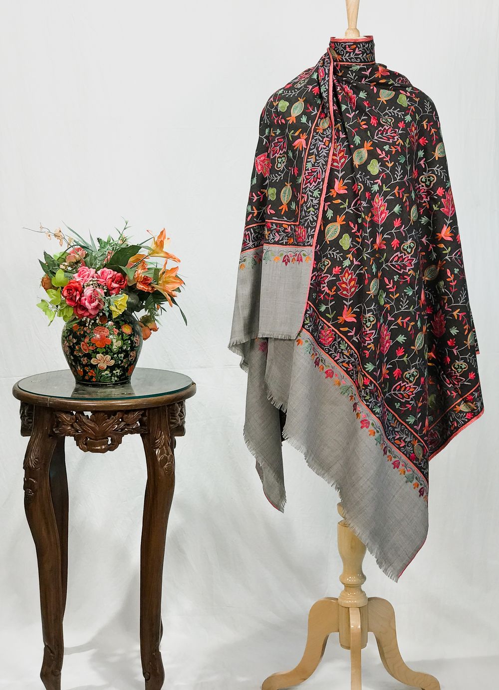 Black Pure Wool Shawl with Grey Palla Silk Thread Aari Jaal Embroidery