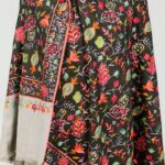 Black Pure Wool Shawl with Grey Palla Silk Thread Aari Jaal Embroidery