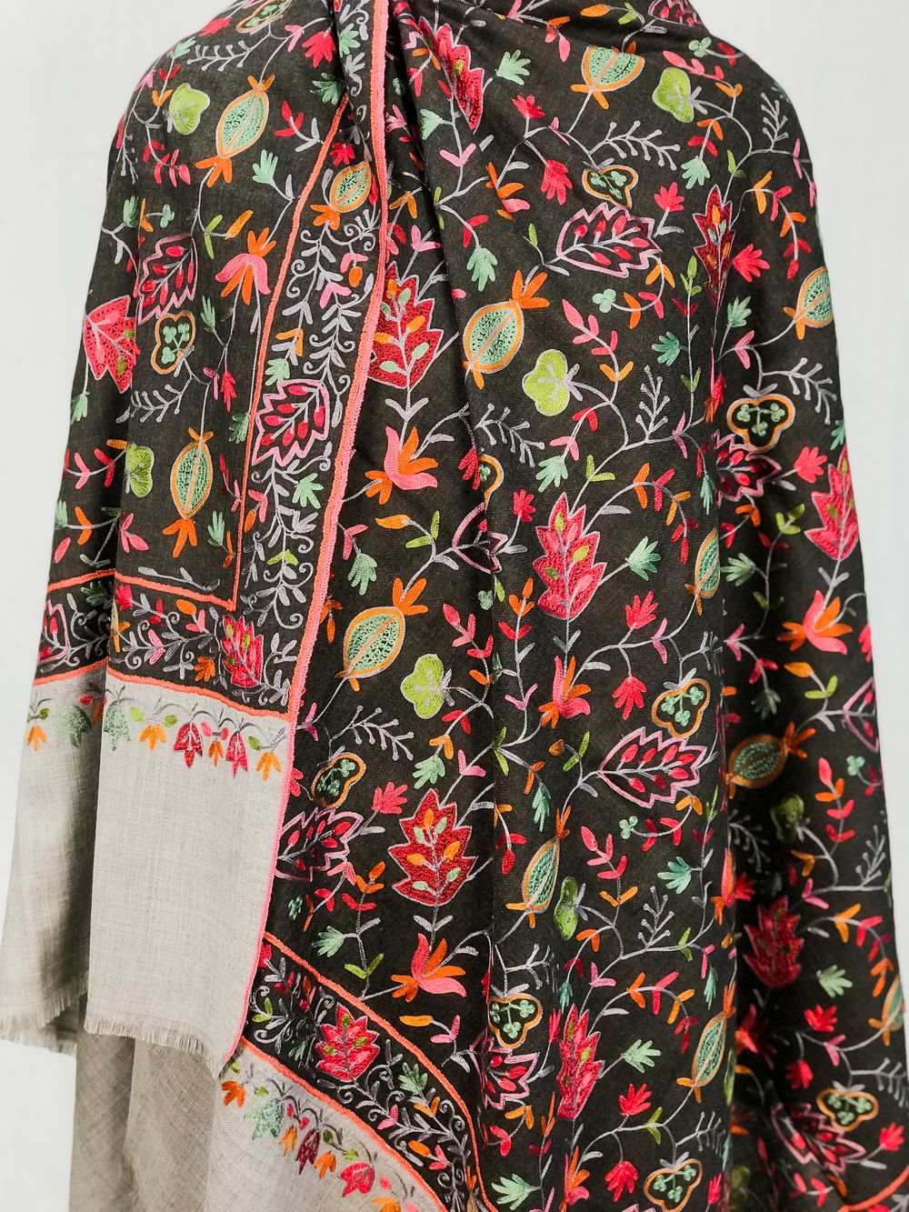 Black Pure Wool Shawl with Grey Palla Silk Thread Aari Jaal Embroidery