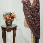 Black Pure Wool Shawl with Grey Palla Silk Thread Aari Jaal Embroidery