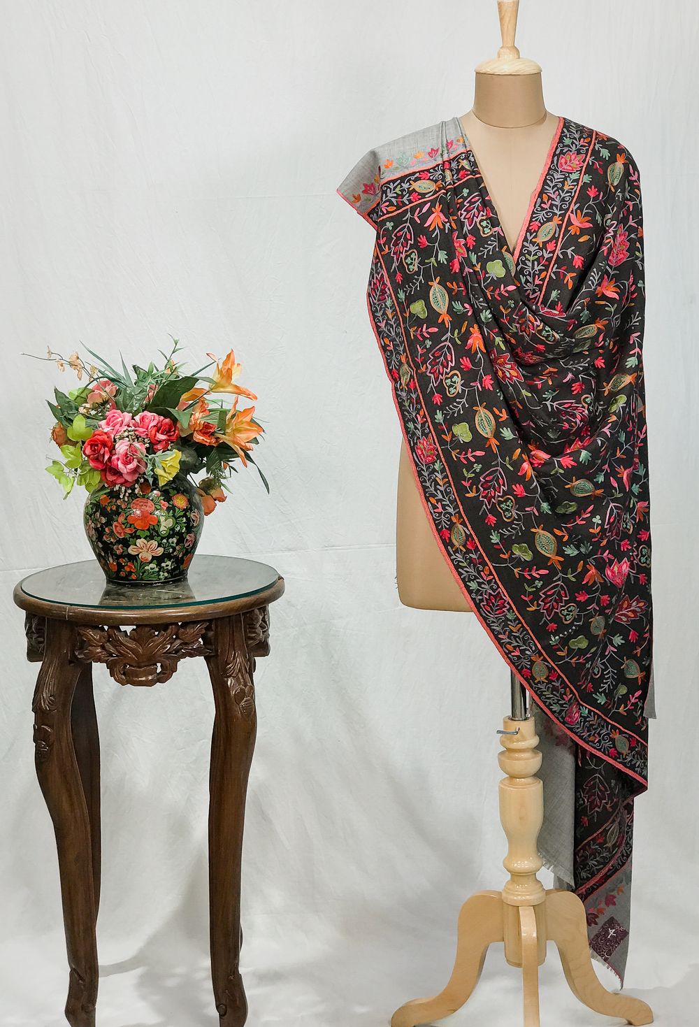 Black Pure Wool Shawl with Grey Palla Silk Thread Aari Jaal Embroidery