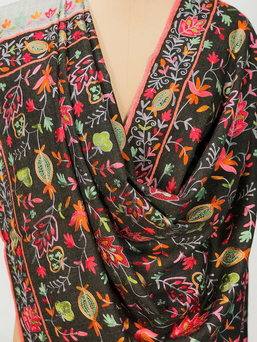 Black Pure Wool Shawl with Grey Palla Silk Thread Aari Jaal Embroidery