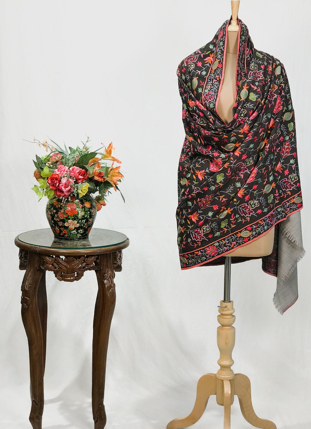 Black Pure Wool Shawl with Grey Palla Silk Thread Aari Jaal Embroidery