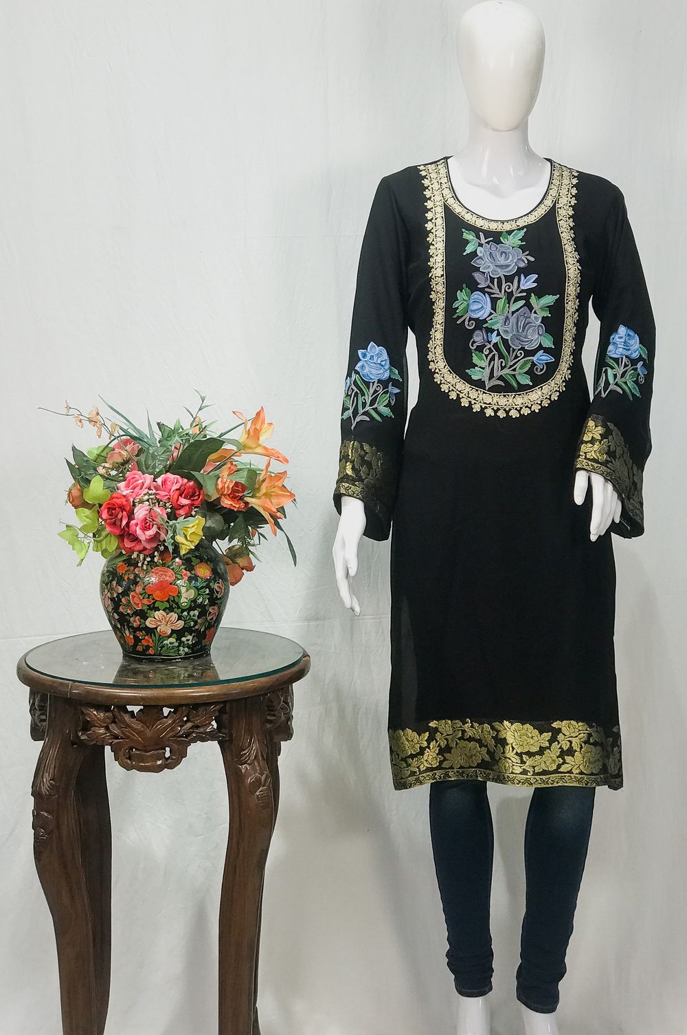 Aari and Zari Embroidered Black Kurta with Banarasi Weave