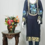Aari and Zari Embroidered Navy Blue Kurta with Banarasi Weave