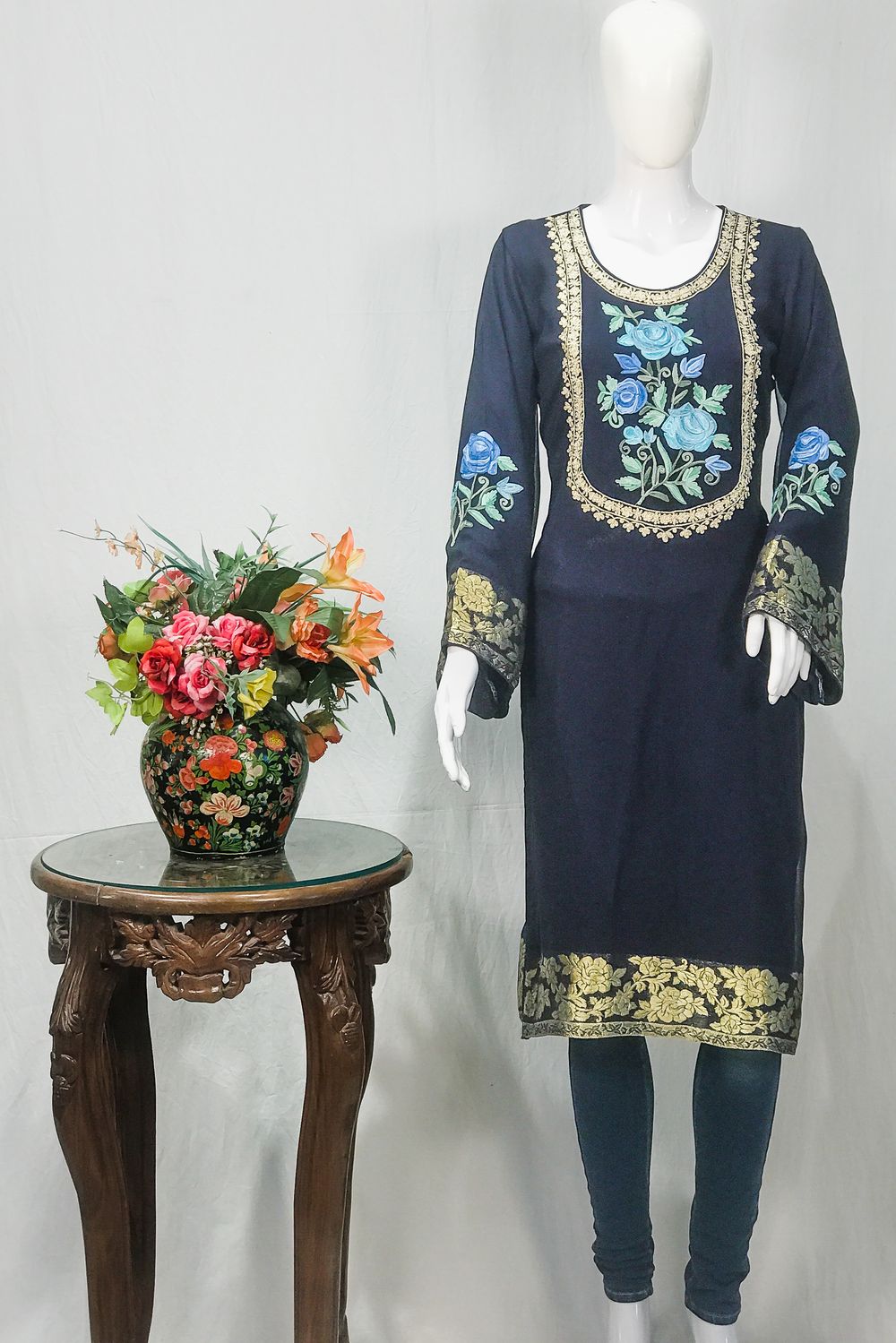 Aari and Zari Embroidered Navy Blue Kurta with Banarasi Weave
