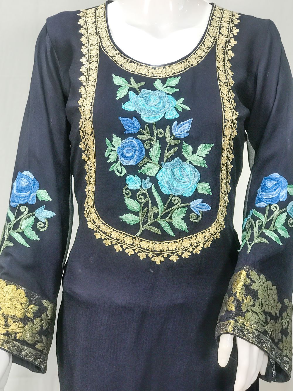 Aari and Zari Embroidered Navy Blue Kurta with Banarasi Weave